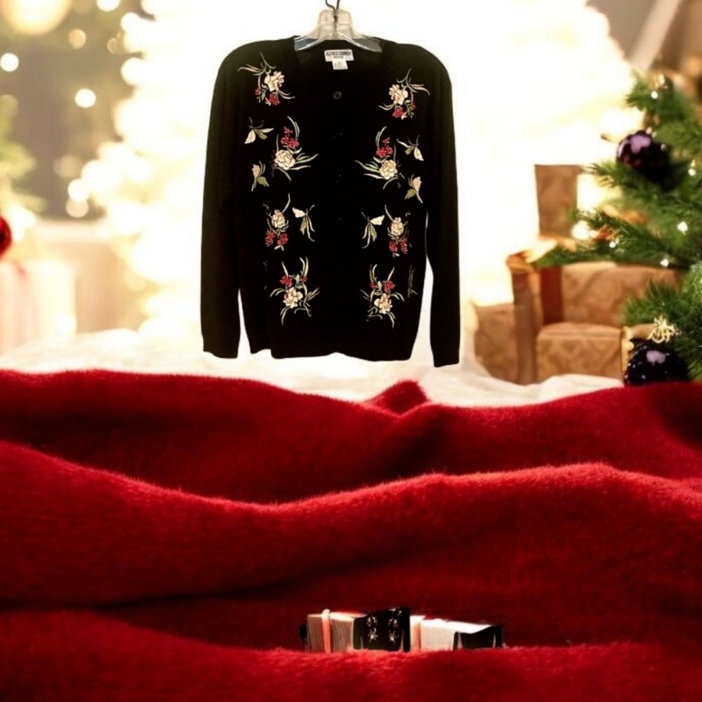 Alfred Donner crocheted floral cardigan , black, pink, green, petite, med
